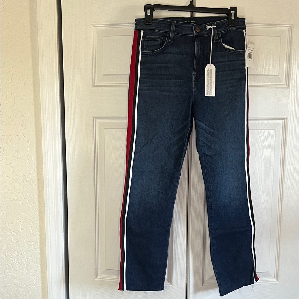 Sanctuary High-Rise Dark Wash Jeans with Red & White Side Stripes